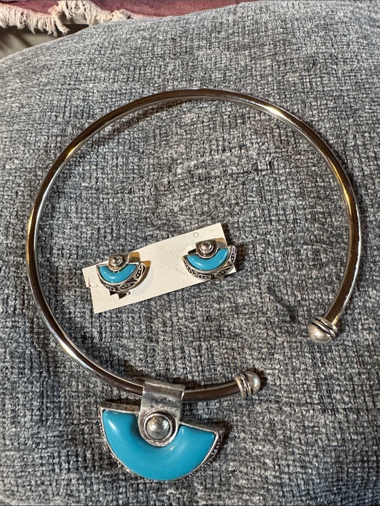 Jewelry - Silver-Tone Necklace & Clip On Earrings with Turquoise Crescent Accents